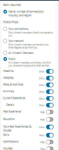 List showing options for sections to turn on for LinkedIn public profile